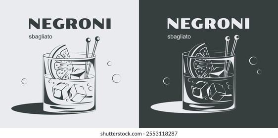 Conjunto de pósters de cóctel Negroni. Bebidas alcohólicas y bebidas en vasos. Clima caliente y temporada de verano. Bebida tropical y exótica con cítricos. Tapa o Anuncio. Colección de Vector plana