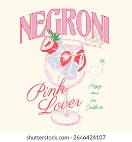 Negroni cocktail t shirt design. Tropical and exotic drink with citrus. hand drawn Flat vector collection. pink color design. strawberry print design