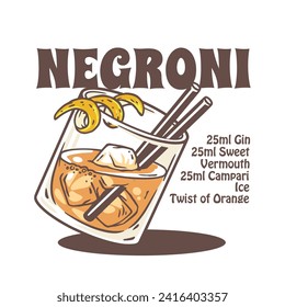 Negroni cocktail vector with ice and slice of orange for cocktail bar or drink summer party. Negroni sbagliato or alcohol cocktail for beach bar and cafe menu.