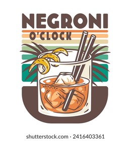 Negroni cocktail vector with ice and slice of orange for cocktail bar or drink summer party. Negroni sbagliato or alcohol cocktail for beach bar and cafe menu.