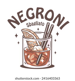 Negroni cocktail vector with ice and slice of orange for cocktail bar or drink summer party. Negroni sbagliato or alcohol cocktail for beach bar and cafe menu.