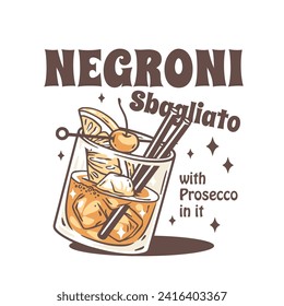 Negroni cocktail vector with ice and slice of orange for cocktail bar or drink summer party. Negroni sbagliato or alcohol cocktail for tee print of beach bar and cafe menu.