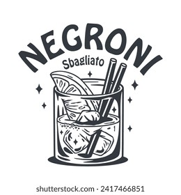 Negroni cocktail vector with ice and slice of orange for cocktail bar or drink summer party. Monochrome negroni sbagliato or alcohol cocktail for beach bar and cafe menu.