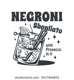 Negroni cocktail vector with ice and slice of orange for cocktail bar or drink summer party. Monochrome negroni sbagliato or alcohol cocktail for beach bar and cafe menu.