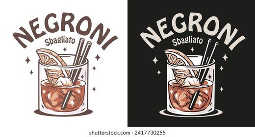 Negroni cocktail vector with ice and slice of orange for cocktail bar or drink summer party. Negroni sbagliato or alcohol cocktail for beach bar and cafe menu.
