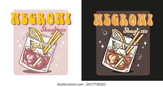 Negroni cocktail vector with ice and slice of orange for cocktail bar or drink summer party. Negroni sbagliato or alcohol cocktail for tee print of beach bar and cafe menu.