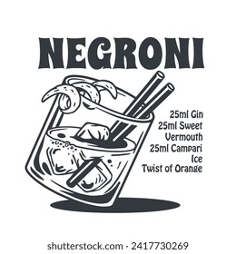 Negroni cocktail vector with ice and slice of orange for cocktail bar or drink summer party. Monochrome negroni sbagliato or alcohol cocktail for beach bar and cafe menu.