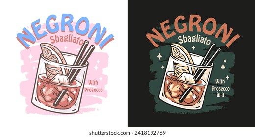 Negroni cocktail vector with ice and slice of orange for cocktail bar or drink summer party. Negroni sbagliato or alcohol cocktail for tee print of beach bar and cafe menu.