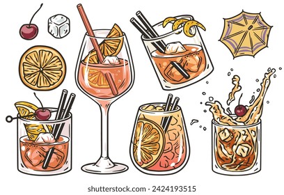 Negroni cocktail vector or old fashioned, whiskey, cognac with ice and slice of orange for cocktail bar or drink summer party. Brandy or whiskey alcohol cocktail for beach bar and cafe menu.