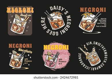 Negroni cocktail vector set with ice and slice of orange for cocktail bar or drink summer party. Negroni sbagliato or alcohol cocktail collection for tee print of beach bar and cafe menu.