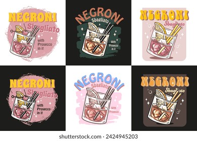 Vetor de coquetel de Negroni definido com gelo e fatia de laranja para coquetel bar ou beber festa de verão. Negroni sbagliato ou coquetel de álcool para a impressão em T do bar da praia e menu do café.