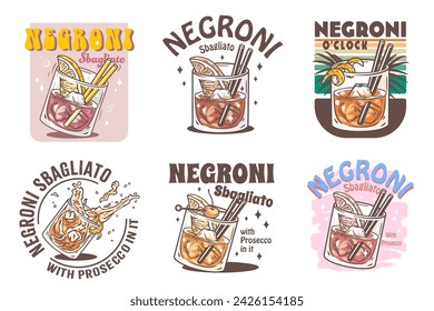 Negroni cocktail vector set with ice and slice of orange for cocktail bar or drink summer party. Negroni sbagliato or alcohol cocktail collection for tee print of beach bar and cafe menu.