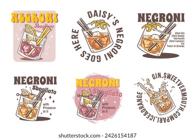 Negroni cocktail vector set with ice and slice of orange for cocktail bar or drink summer party. Negroni sbagliato or alcohol cocktail collection for tee print of beach bar and cafe menu.