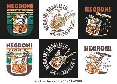 Negroni cocktail vector set with ice and slice of orange for cocktail bar or drink summer party. Negroni sbagliato or alcohol cocktail collection for tee print of beach bar and cafe menu.