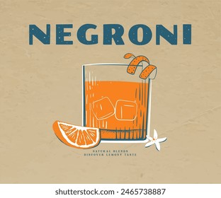 negroni Cocktail Vintage Recipe Poster, red negroni retro cocktail art, summer drinks glass with ice and lemon vector illustration