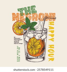 Negroni cocktail Vintage vector. drink summer party. ice and slice of orange for cocktail. Cocktails retro poster vector, summer t shirt design . Drinks, Cocktails, Party poster design. girls graphic.