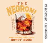 Negroni cocktail Vintage vector with ice and slice of orange for cocktail bar or drink summer party. Cocktails retro poster vector, Party poster design. Drinks, Cocktails, Set of vector illustrations