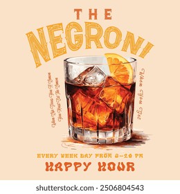 Vector de Antiguas de cóctel Negroni con hielo y rodaja de naranja para bar de cócteles o fiesta de verano de bebidas. Vector de cartel retro de cócteles, diseño de cartel de fiesta. Bebidas, Cócteles, Juego de Ilustraciones vectoriales