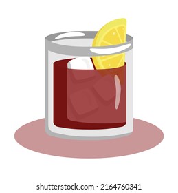 Negroni con hielo y limón en un vaso. Ilustración vectorial plana del cóctel negroni.