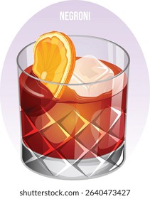Negroni in Old Fashioned Glass with Sliced Orange and Ice Cubes Garnish. Fancy Cocktail Detailed Illustration