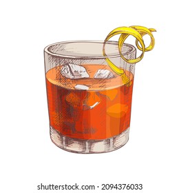 Negroni or Rosita cocktail with ice cube and twist slice lemon. Vector vintage hatching color illustration. Isolated on white background. Hand drawn design