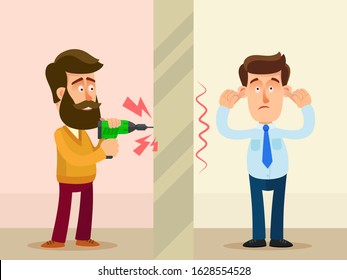 Neighbor in apartment drill a wall making a loud noise. Other man plug with fingers ears because of an unbearable noise. Home repair in evening. Vector illustration, flat design, cartoon style.