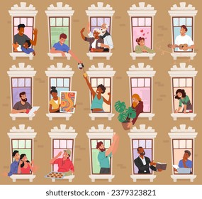 Neighbor Characters In Open Windows Share Stories, Laughter, And Occasional Glimpses Of Daily Life, Fostering A Sense Of Community And Connection Through The Panes. Cartoon People Vector Illustration