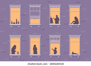 Neighbor Characters. Windows With People Stay At Home, Silhouettes Of Man And Woman Through The Window, Apartment Building Human At Night, Quarantine Period Covid-19 Pandemic Vector Concept