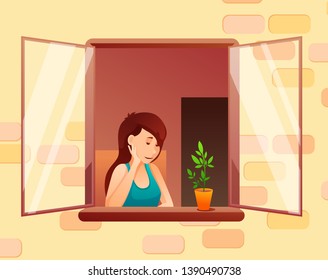 Neighbor Girl Dreaming In Window Flat Vector Illustration. Lonely Female At Balcony Color Character. Indoor Garden Cartoon. Young Woman In Open Window Drawing. Yellow Brick Wall Print