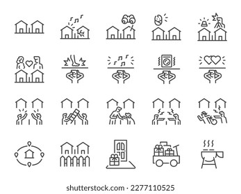 neighbor icon set. It included icons such as neighborhood watch, Block party, emergency, neighbor fighting, and more.