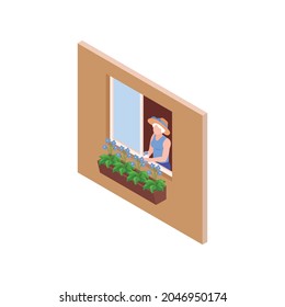Neighbor isometric icon with elderly woman holding glass of water and looking out of window vector illustration