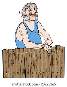 Neighbor Looks Behind His Fence In Vector Illustration