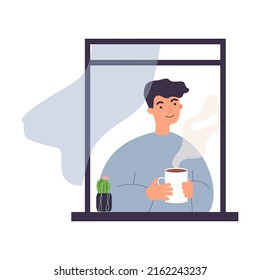 Vida del hombre vecino a través de la ventana abierta. Abrazos de hogares, plantas de riego, café matutino