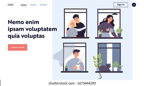 Neighbor people and cat life through open windows. Housemates hugging, watering houseplants, drinking morning coffee. Vector illustration for apartment building, condo, neighborhood concept