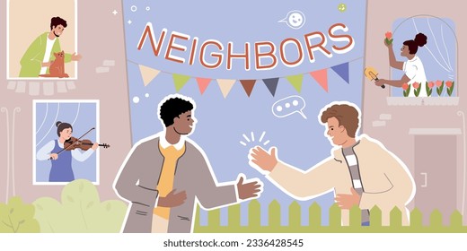 Neighbor people composition with collage of flat icons thought bubbles reactions text and people in windows vector illustration