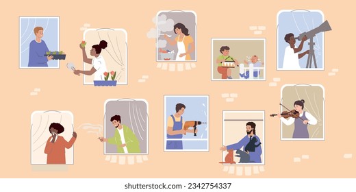 Neighbor people flat composition with front view of house wall with windows and human characters inside vector illustration