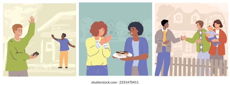 Neighbor people flat set of three square compositions with doodle human characters sharing food shaking hands vector illustration