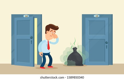 Neighbor put smelly bag of waste at floor in common corridor. Confused man closes nose, can't breathe due to smelly air. Disrespectful neighbors to each other. Vector illustration flat cartoon style.