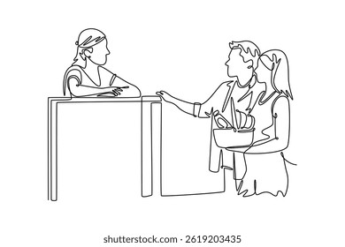 Neighbor sharing concept. Single line draw design. Vector graphic illustration