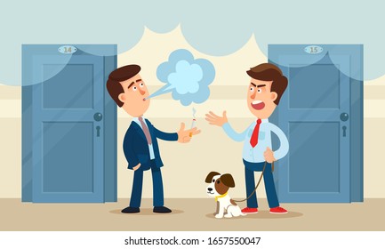 Neighbor Smoker. The Neighbor Smoked In The House And Is In Conflict With Other Residents. Quarrel Between Men Over Cigarette Smoke. Vector Illustration, Flat Design Cartoon Style.