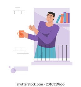 Neighbor in window concept. Man look out of apartment, drinking tea and greeting. Quiet pastime, home lifestyle, leisure, hobby activities, good neighborly relations. Vector character illustration