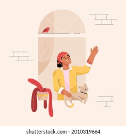 Neighbor in window concept. Woman with cat look out of apartment and greeting. Quiet pastime, home lifestyle, leisure, hobby activities, good neighborly relations. Vector character illustration