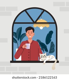 Neighbor in window. Man with mug of hot drink and cat looks into distance. Comfortable rest after work, character in evening, friendly young guy. Holiday or weekend. Cartoon flat vector illustration