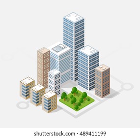 Neighborhood 3d isometric three-dimensional view of the city. Collection of houses, skyscrapers, buildings and supermarkets. The stock vector