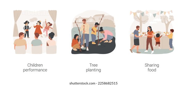 Neighborhood activities isolated cartoon vector illustration set. Children performance, art festival, tree planting, community garden, neighborhood meal sharing, cultural diversity vector cartoon.