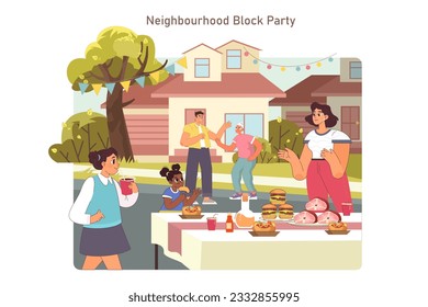 Fiesta de bloqueo de barrio. Gente reuniéndose en un patio trasero. Reunión familiar un fin de semana. Bloques residenciales vecinos con fiesta al aire libre, festival de comida local, mesa de barbacoa. Ilustración vectorial plana