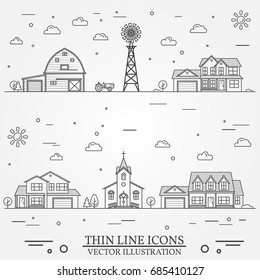 Neighborhood with buildings illustrated on white. Vector thin line icon suburban american houses, church and farm. For web design and application interface, also useful for infographics. 