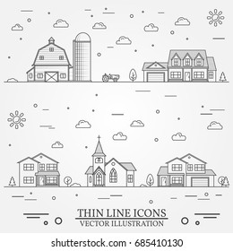 Neighborhood with buildings illustrated on white. Vector thin line icon suburban american houses, church and farm. For web design and application interface, also useful for infographics. 