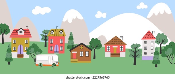 Neighborhood Cartoon Nature Landscape, Tiny Houses And Mountains. Rural Area, Bus In Village. Cute Childish Vector Background, Real Estate Banner