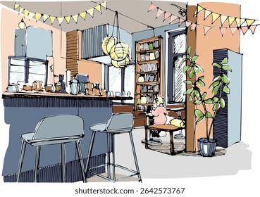 Esboço da cafeteria do bairro. Conceito de negócio local. Ilustração de vetor desenhada à mão, não-AI